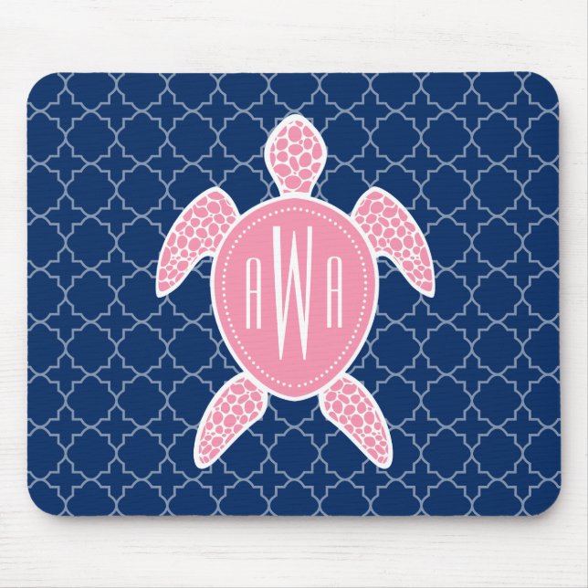 Monogrammed Pink Sea Turtle Blue Quatrefoil Mouse Mat (Front)