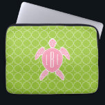 Monogrammed Pink Sea Turtle Green Quatrefoil Laptop Sleeve<br><div class="desc">A gift featuring an illustration of a pink sea turtle.  Personalise with your monogram on turtle's shell.  Background is lime green quatrefoil pattern.</div>