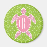 Monogrammed Pink Sea Turtle Green Quatrefoil