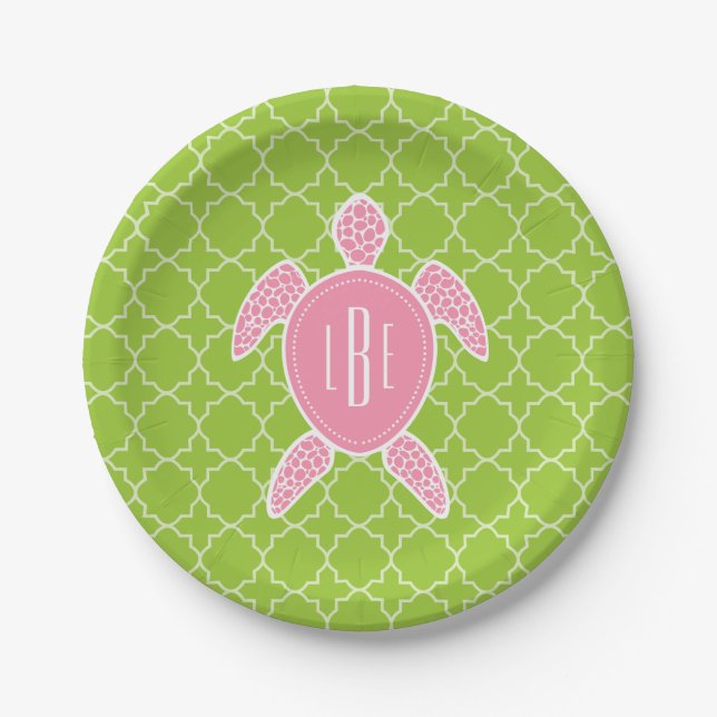 Monogrammed Pink Sea Turtle Green Quatrefoil Paper Plate (Front)
