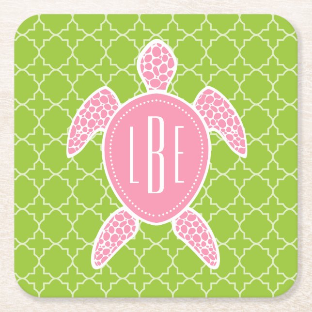Monogrammed Pink Sea Turtle Green Quatrefoil Square Paper Coaster (Front)