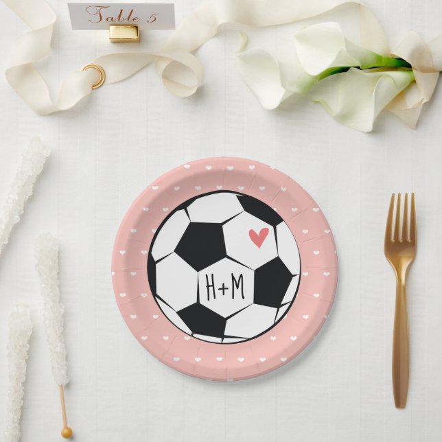 Monogrammed Pink Soccer Ball Wedding Paper Plate (Wedding)