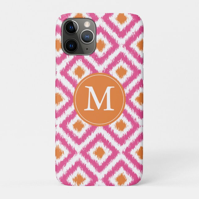 Monogrammed Pink Tangerine Diamond Ikat Pattern Case-Mate iPhone Case (Back)