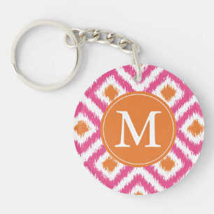 Monogrammed Pink Tangerine Diamond Ikat Pattern Key Ring