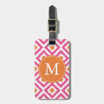 Monogrammed Pink Tangerine Diamonds Ikat Pattern Luggage Tag