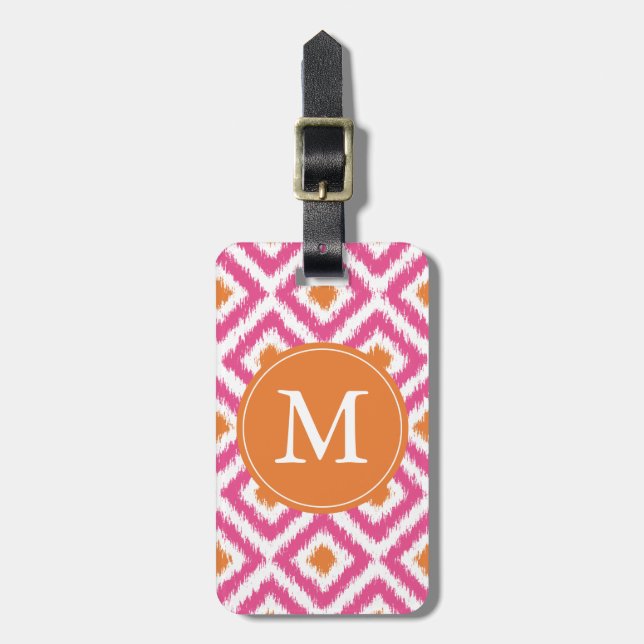 Monogrammed Pink Tangerine Diamonds Ikat Pattern Luggage Tag (Front Vertical)