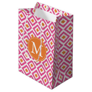Monogrammed Pink Tangerine Diamonds Ikat Pattern Medium Gift Bag