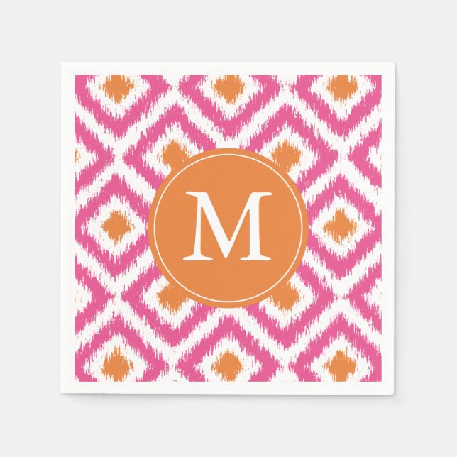 Monogrammed Pink Tangerine Ikat Pattern Napkin (Front)