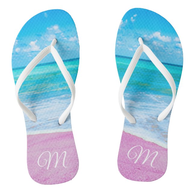 Monogrammed Pink Tropical Sand Beach Flip Flops (Footbed)