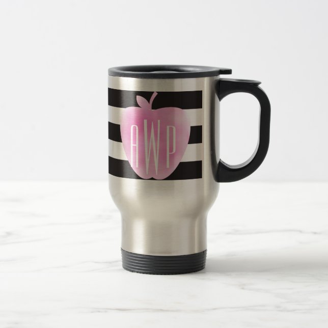 Monogrammed Pink Watercolor Apple + Stripes Travel Mug (Right)