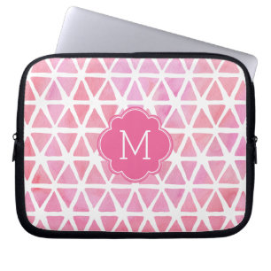 Monogrammed Pink Watercolor Geometric Pattern Laptop Sleeve