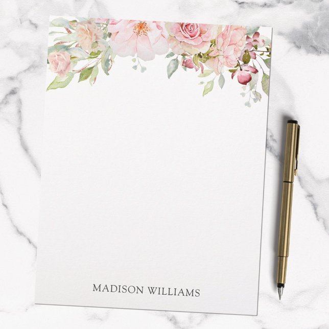 Monogrammed Pink Watercolor Rose Flower Elegant Custom Letterhead (In situ)