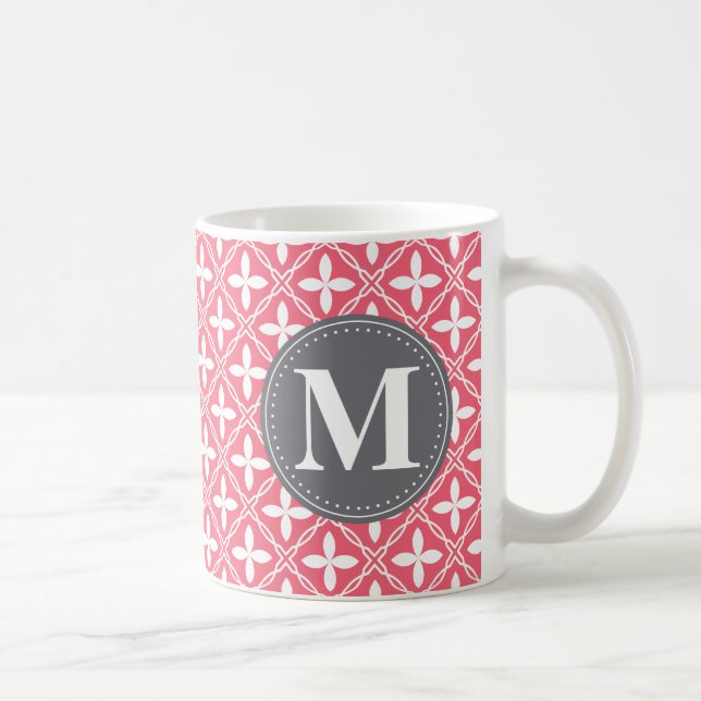 Monogrammed Pink White Floral Lattice Pattern Coffee Mug (Right)
