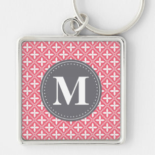 Monogrammed Pink White Floral Lattice Pattern Key Ring