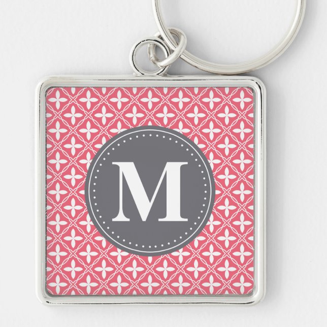 Monogrammed Pink White Floral Lattice Pattern Key Ring (Front)