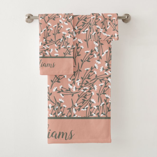 Monogrammed Pink White Green Floral  Bath Towel Set (Insitu)