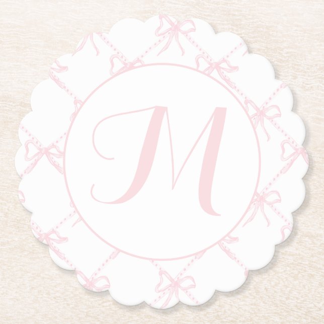 Monogrammed Pink & White Ribbon, Pink Bow Custom Paper Coaster (Front)