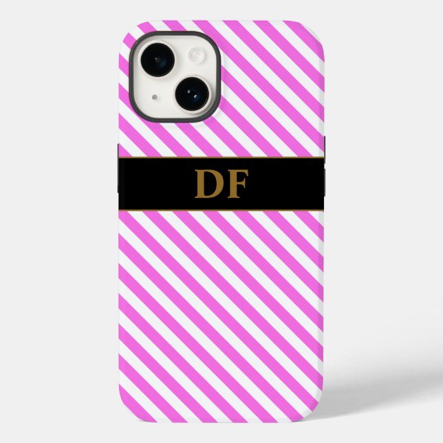 Monogrammed Pink/White Stripes Case-Mate iPhone Case (Back)