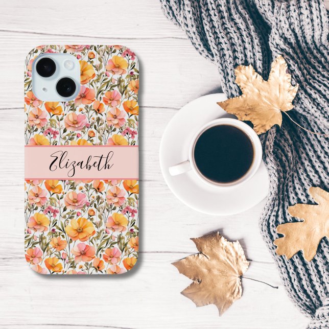 Monogrammed Pink Yellow Orange Wildflowers Gift Case-Mate iPhone Case (Monogrammed Name Personalized Pink yellow orange Wildflowers iPhone case)