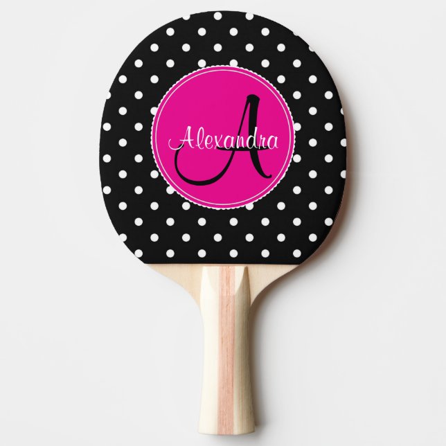 Monogrammed polka dot chic initial name black pink ping pong paddle (Front)