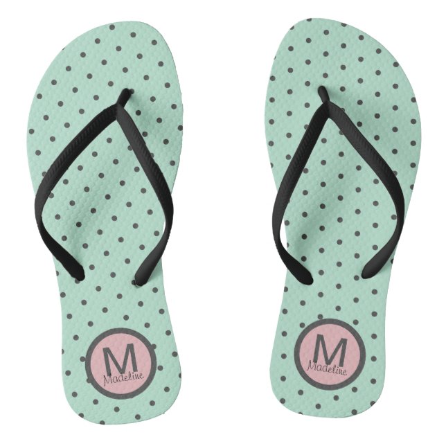 Monogrammed Polka Dots Aqua Blue Pink Flip Flops (Footbed)