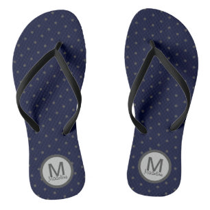 Monogrammed Polka Dots Grey Dark Blue Flip Flops