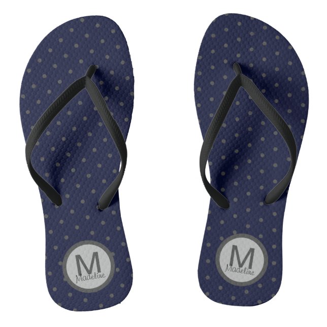 Monogrammed Polka Dots Grey Dark Blue Flip Flops (Footbed)