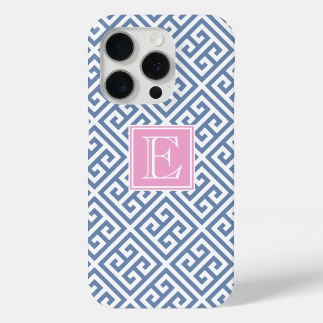 Monogrammed Preppy Blue And White Greek Key Case-Mate iPhone Case (Back)