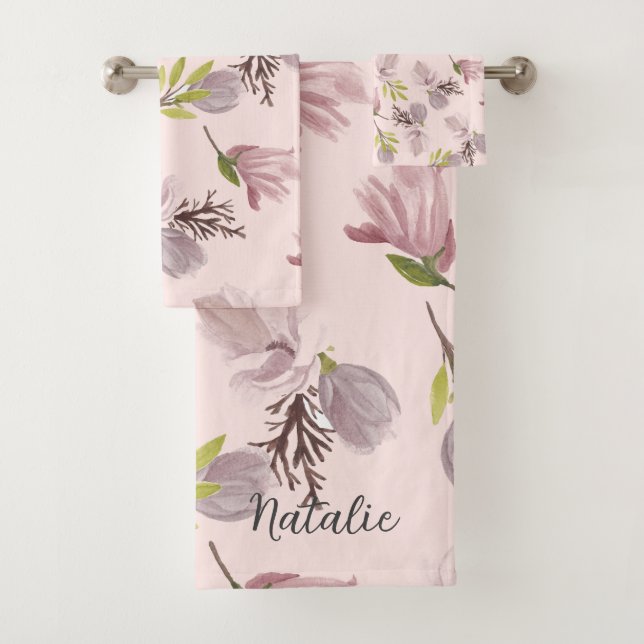 Monogrammed pretty and romantic blush pink bath towel set (Insitu)