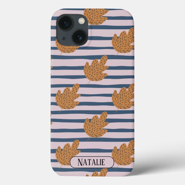 Monogrammed pretty blue stripes and leaf Case-Mate iPhone case (Back)