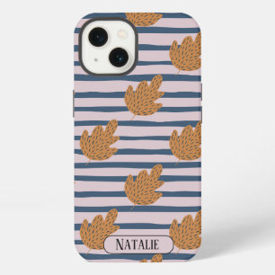 Monogrammed pretty blue stripes and leaf iPhone 13 case