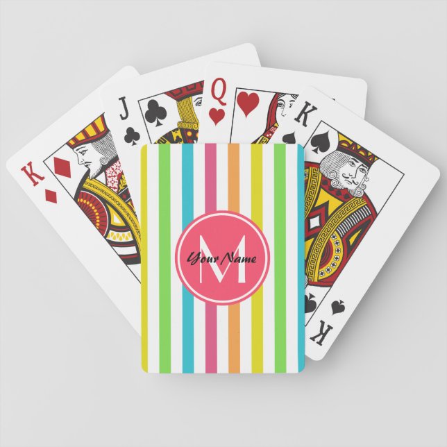 Monogrammed Pretty Chic Stripes Pattern Playing Cards (Back)