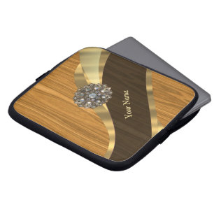 Monogrammed pretty faux pine wood laptop sleeve