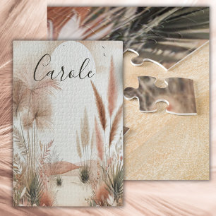Monogrammed Pretty in pink pampas grass   Jigsaw Puzzle