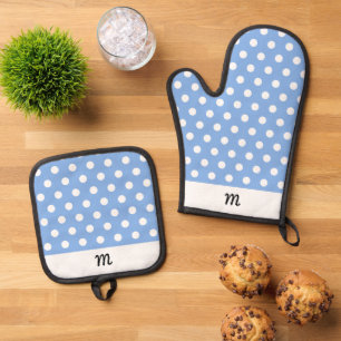 Monogrammed Pretty Pattern Sky Blue Polka Dot Oven Mitt & Pot Holder Set