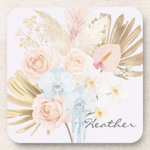 Monogrammed Pretty Tropical Flower Bouquet Floral Coaster