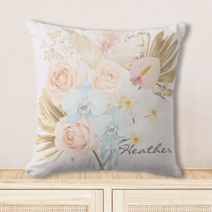Monogrammed Pretty Tropical Flower Bouquet Floral Cushion