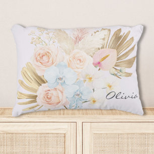 Monogrammed Pretty Tropical Flower Bouquet Floral Decorative Cushion