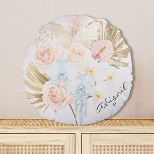 Monogrammed Pretty Tropical Flower Bouquet Floral Round Cushion
