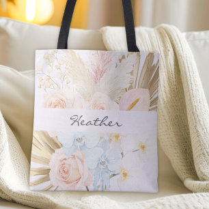 Monogrammed Pretty Tropical Flower Bouquet Floral Tote Bag