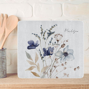 Monogrammed Pretty Watercolor Blue Wildflower Cutting Board
