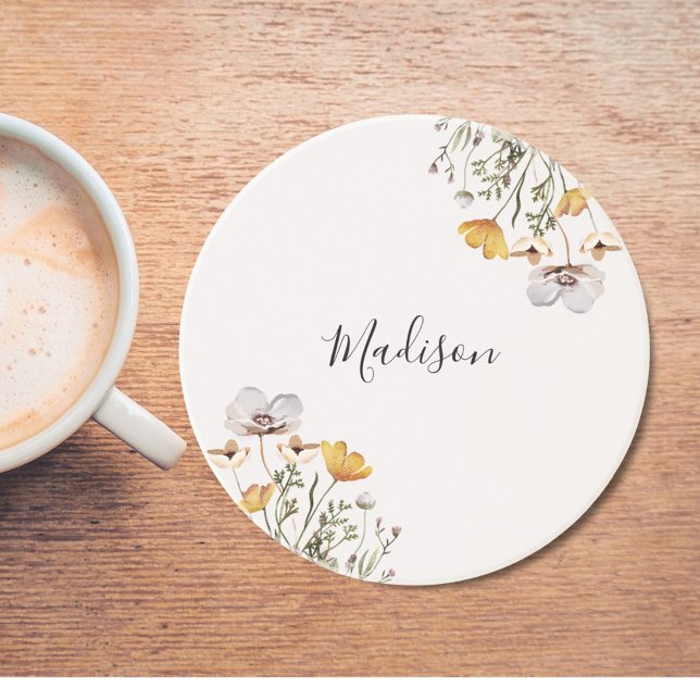 Monogrammed Pretty Wildflower Bouquet Coaster (In situ)