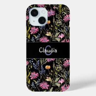 Monogrammed Pretty Wildflowers Floral Elegant Chic iPhone 15 Case