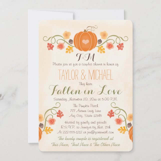 Monogrammed Pumpkin Fall Couples Wedding Shower Invitation (Front)