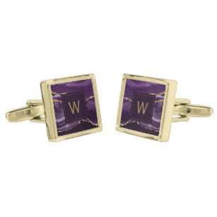 Monogrammed Purple Agate Gold Square Gold Finish Cufflinks