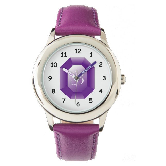 Monogrammed purple Amethyst gemstone girl's watch (Front)