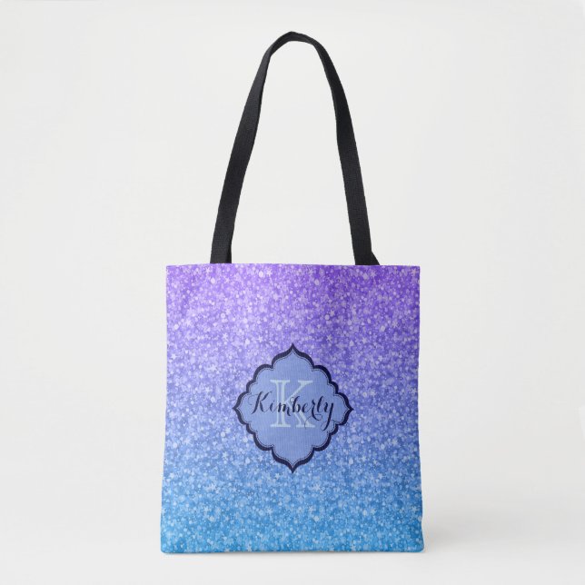 Monogrammed Purple And Blue Gradient Glitter Tote Bag (Front)