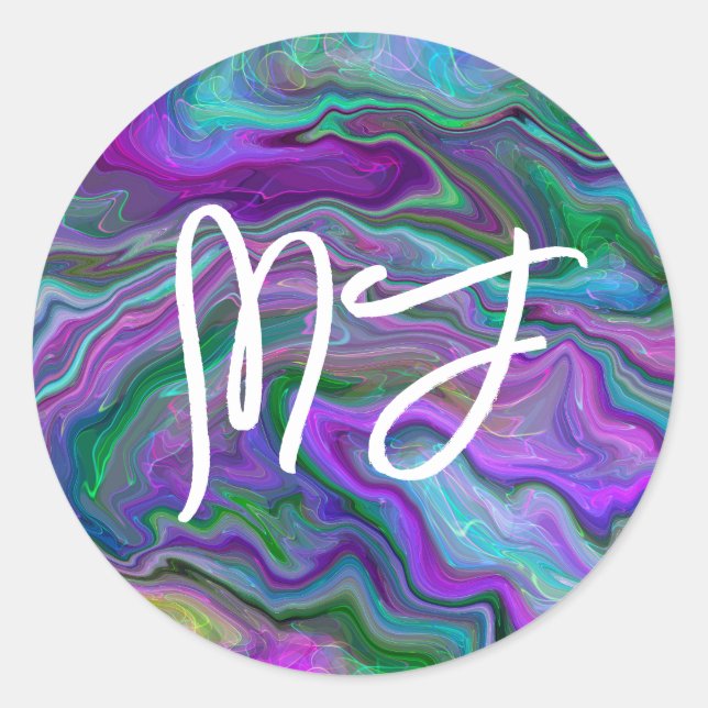 Monogrammed Purple and Blue Marble Classic Round Sticker (Front)