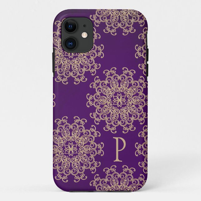 Monogrammed Purple and Gold Indian Pattern Case-Mate iPhone Case (Back)