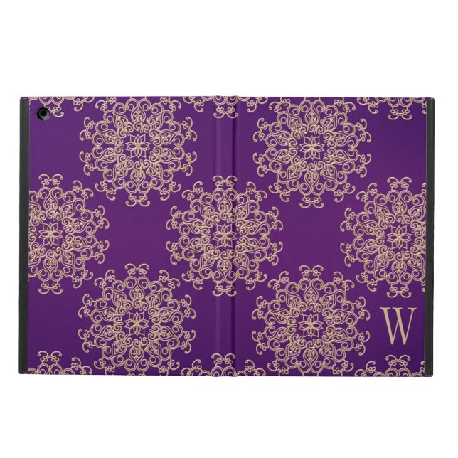 Monogrammed Purple and Gold Indian Pattern iPad Air Case (Outside)